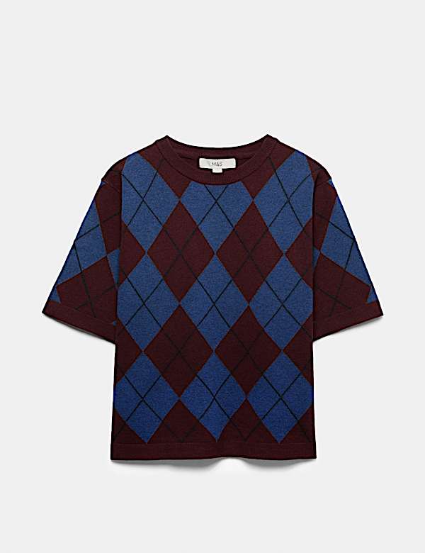 Air Yarn Argyle Relaxed Crew Neck Knitted Top - VN