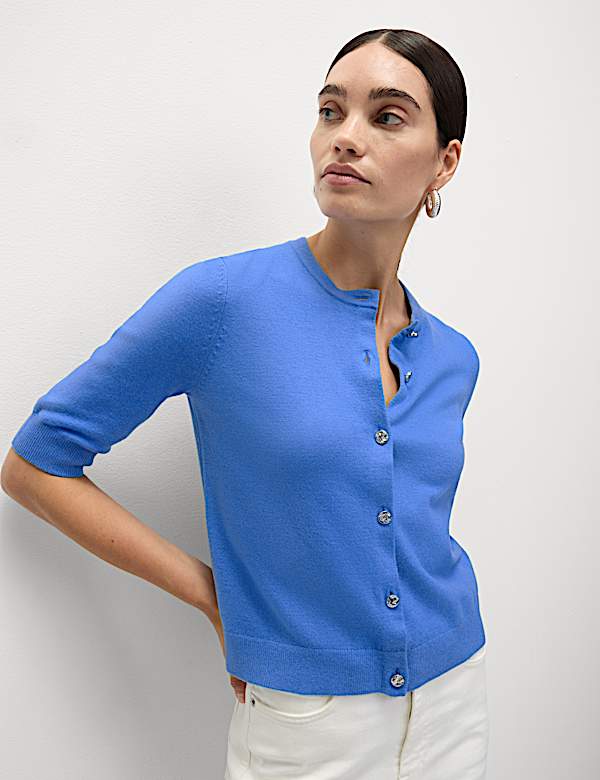 Air-Yarn Button Front Short Sleeve Cropped Cardigan