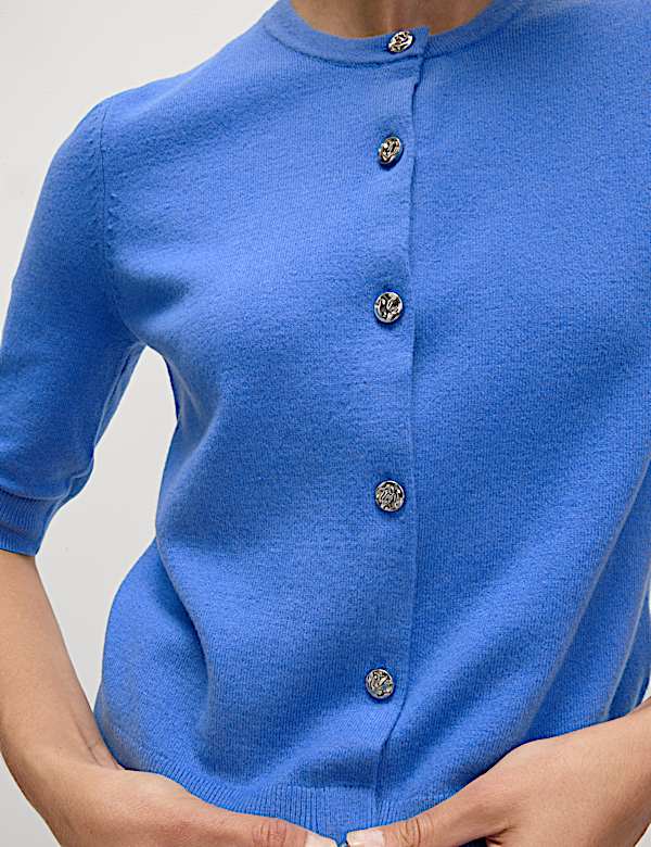 Air-Yarn Button Front Short Sleeve Cropped Cardigan