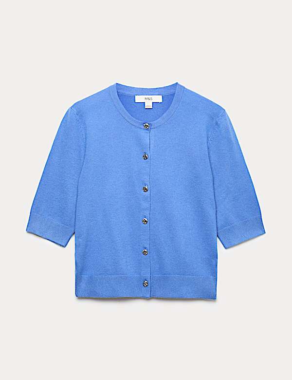 Air-Yarn Button Front Short Sleeve Cropped Cardigan - CH