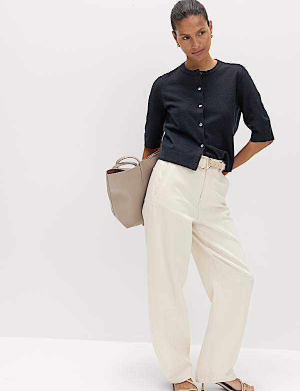 Air-Yarn Button Front Short Sleeve Cropped Cardigan