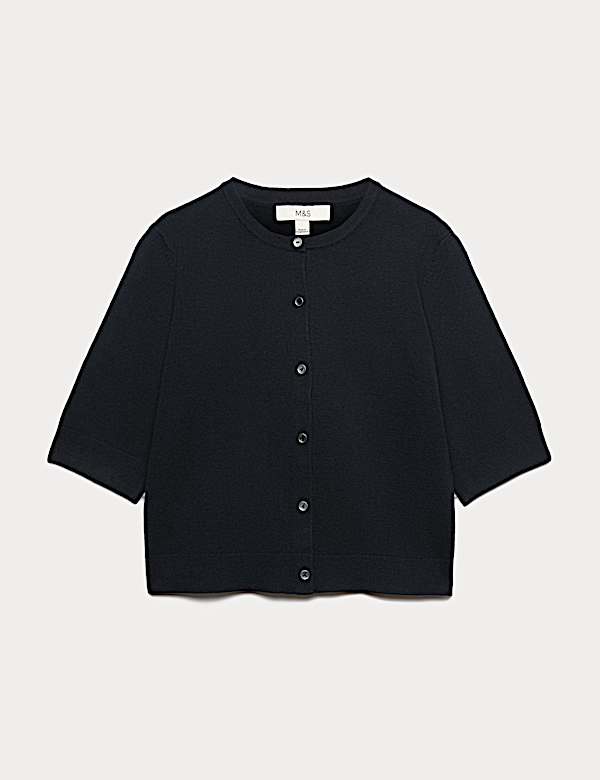 Air-Yarn Button Front Short Sleeve Cropped Cardigan