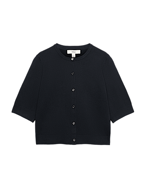 Air-Yarn Button Front Short Sleeve Cropped Cardigan