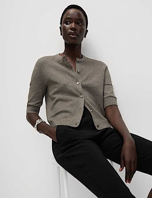 Air-Yarn Button Front Short Sleeve Cropped Cardigan