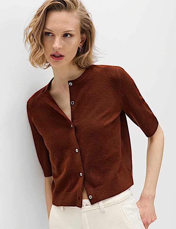 Air-Yarn Button Front Short Sleeve Cropped Cardigan