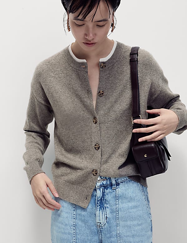Air Yarn Crew Neck Tipped Detail Cardigan NUTMEG Cardigans M S BE