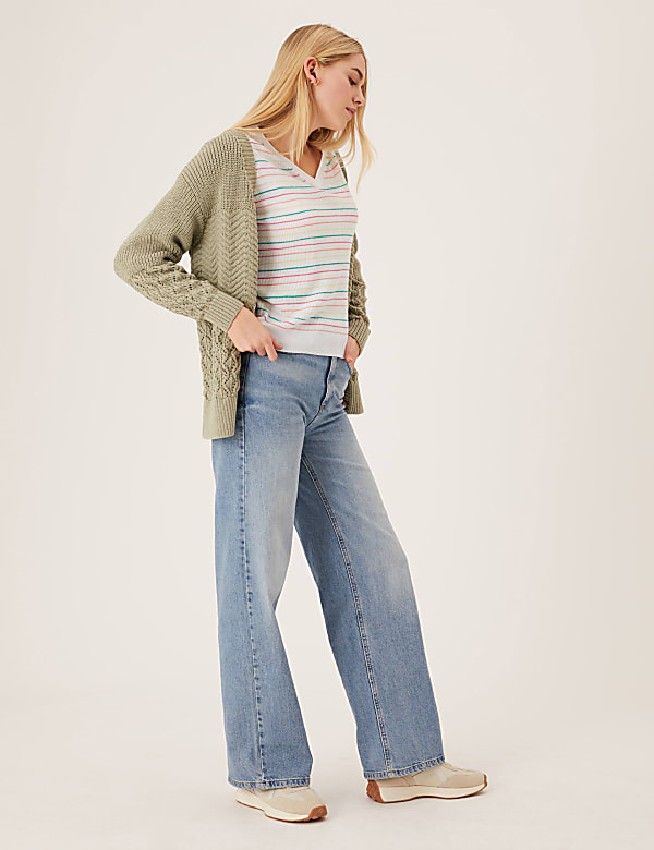 Striped V-Neck Knitted Top with Linen