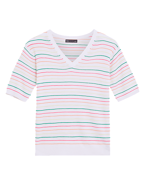 Striped V-Neck Knitted Top with Linen