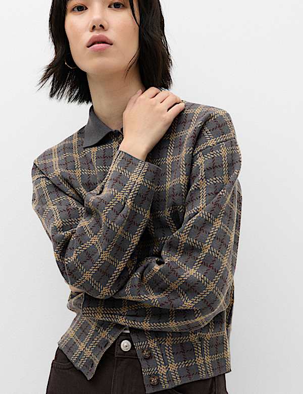 Checked Collared Button Front Cardigan with Wool