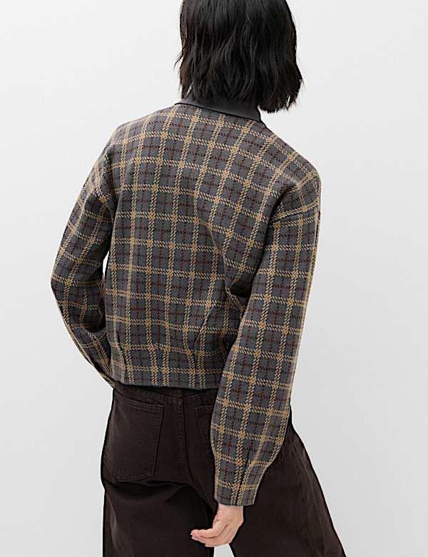 Checked Collared Button Front Cardigan with Wool - IS