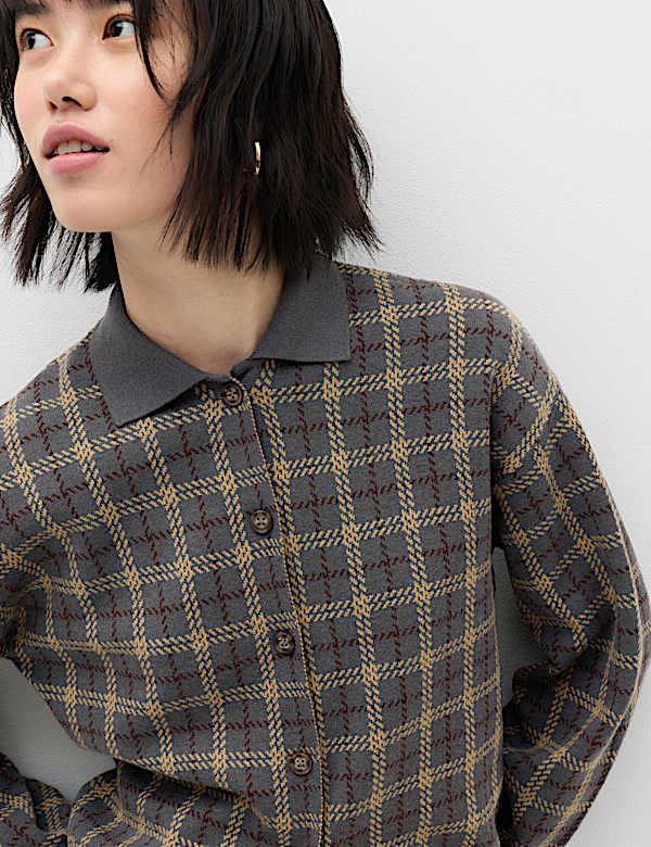 Checked Collared Button Front Cardigan with Wool - IS