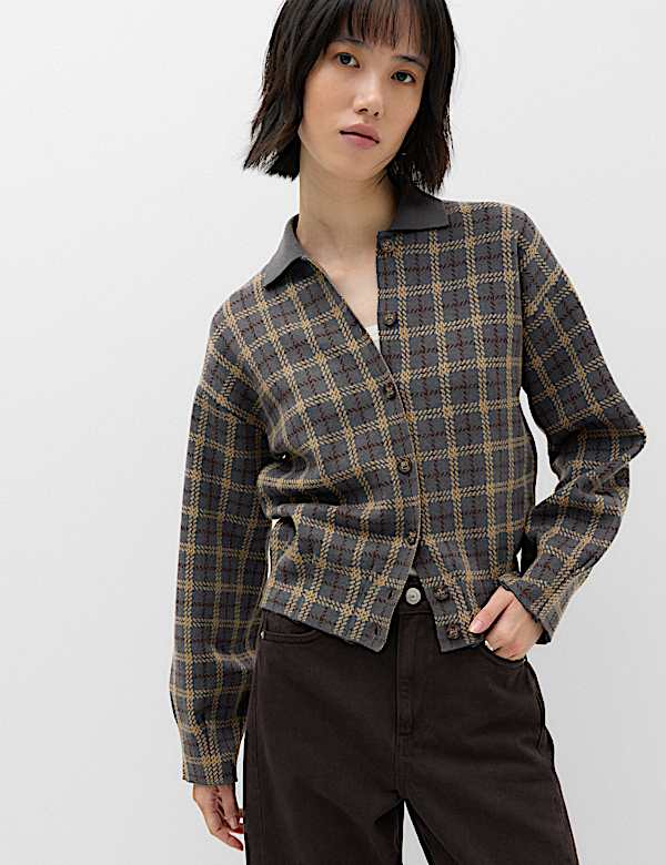 Checked Collared Button Front Cardigan with Wool - IS