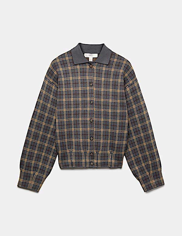 Checked Collared Button Front Cardigan with Wool - IS