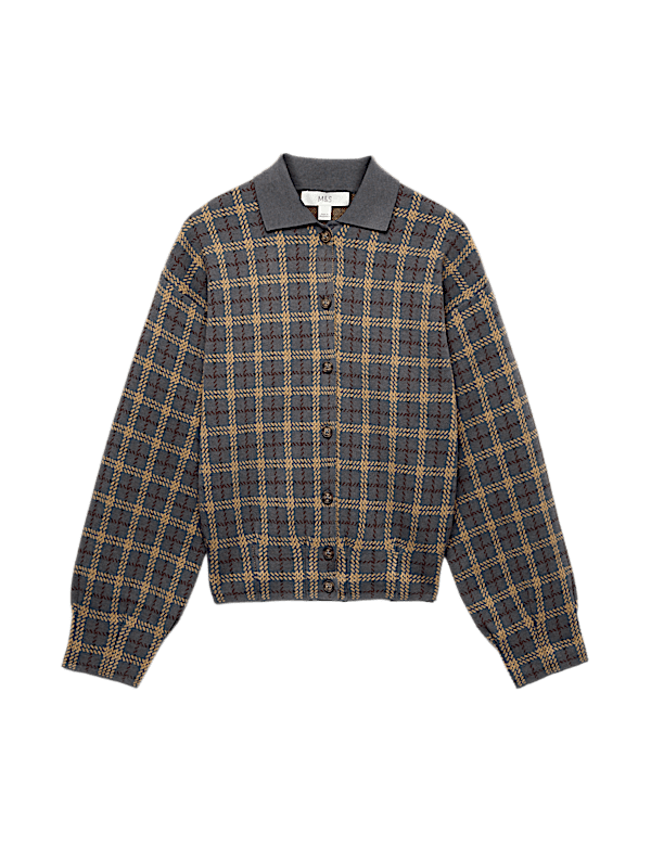 Checked Collared Button Front Cardigan with Wool