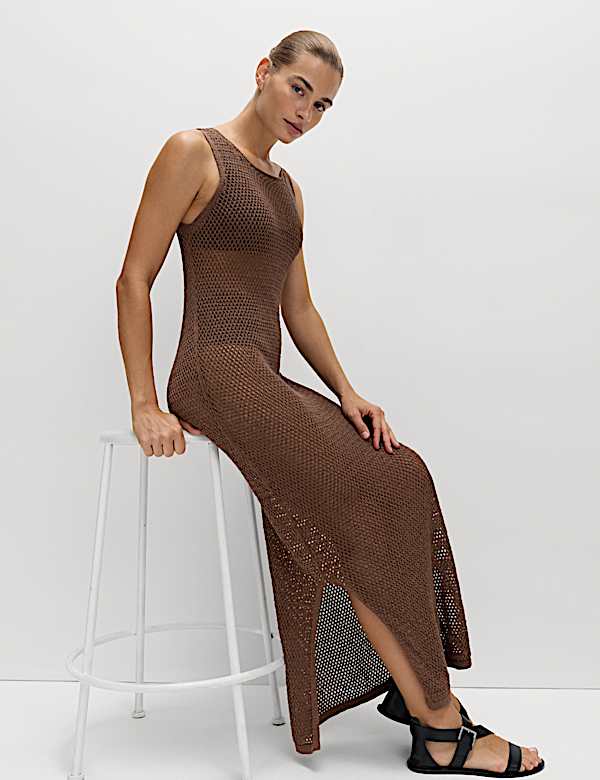 Cotton Blend Knitted Textured Midi Beach Dress - CH