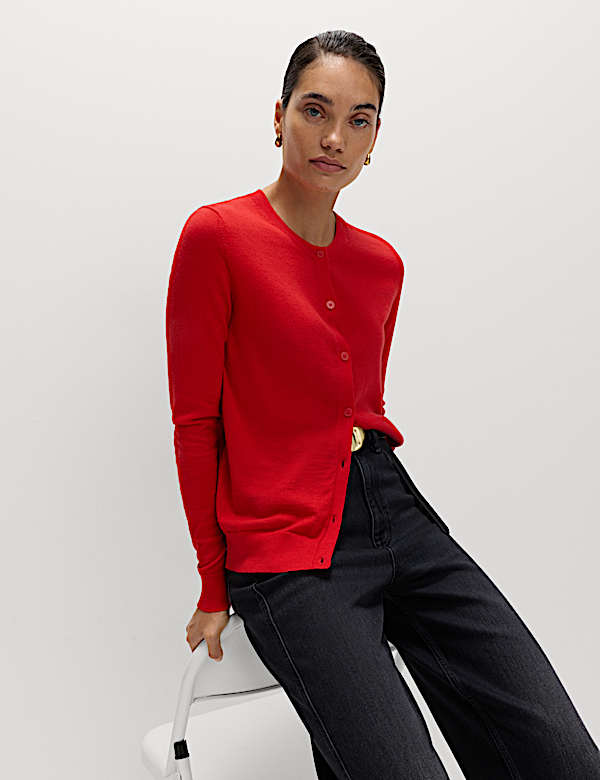 Pure Merino Wool Crew Neck Cardigan - AT