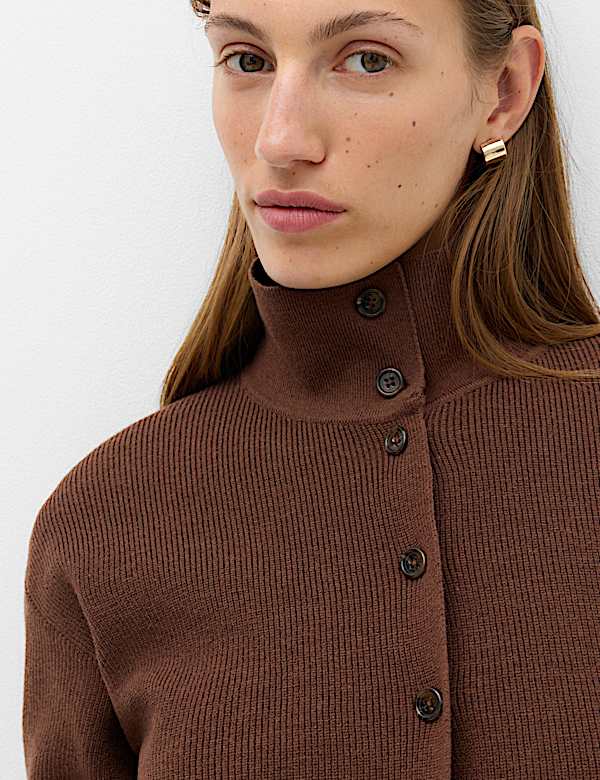 Ribbed Collared Button Through Knitted Jacket with Wool - NZ