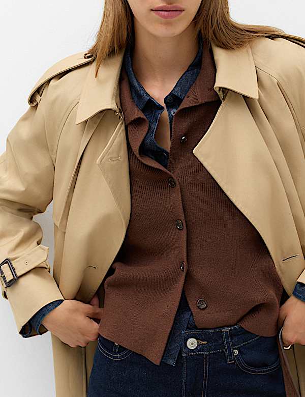 Ribbed Collared Button Through Knitted Jacket with Wool - NZ
