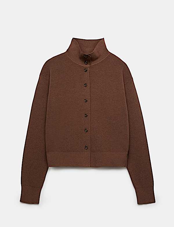 Ribbed Collared Button Through Knitted Jacket with Wool - NZ