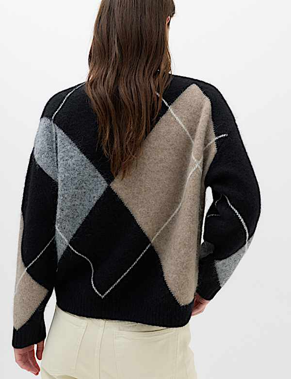 Argyle Crew Neck Relaxed Fit Jumper with Wool - IS