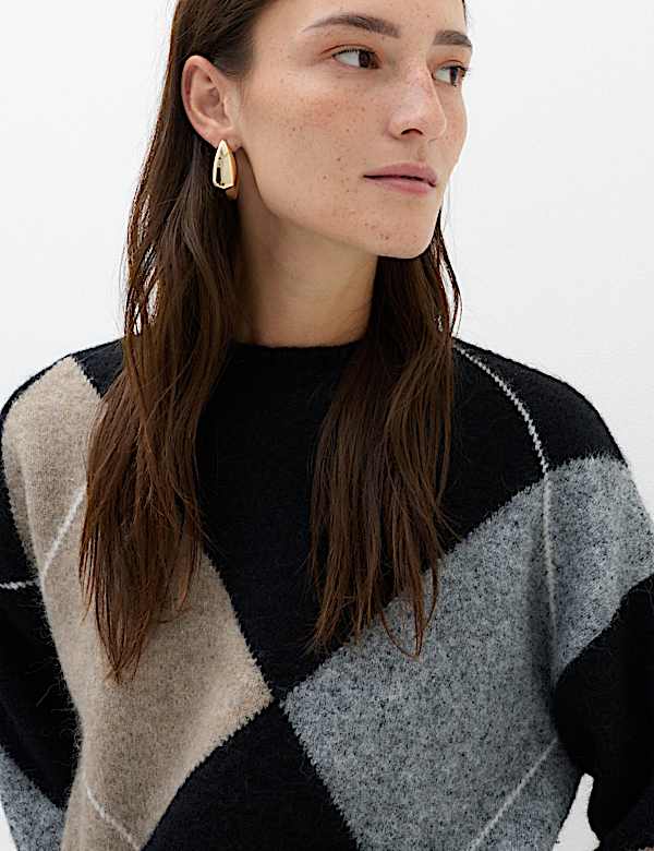 Argyle Crew Neck Relaxed Fit Jumper with Wool - IS