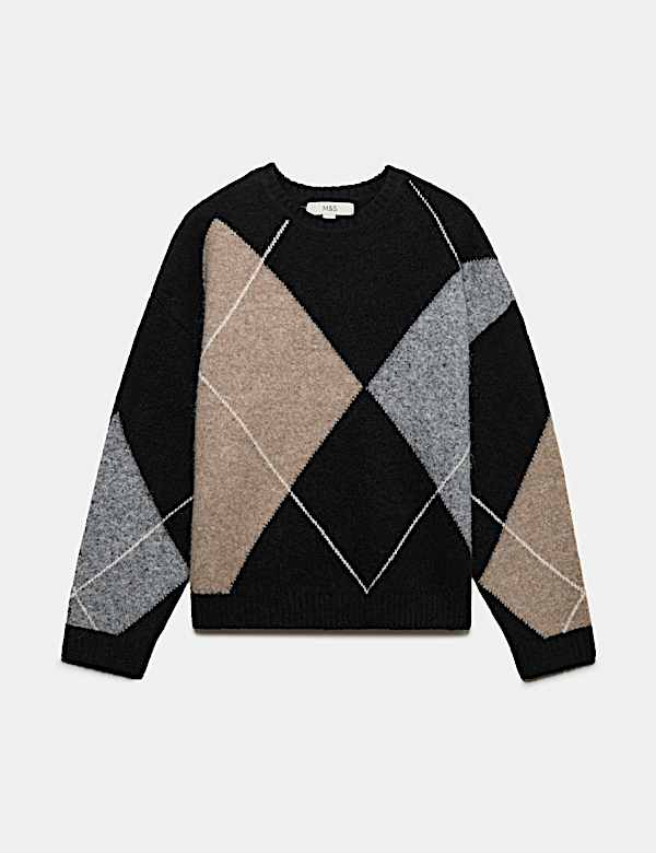 Argyle Crew Neck Relaxed Fit Jumper with Wool - IS
