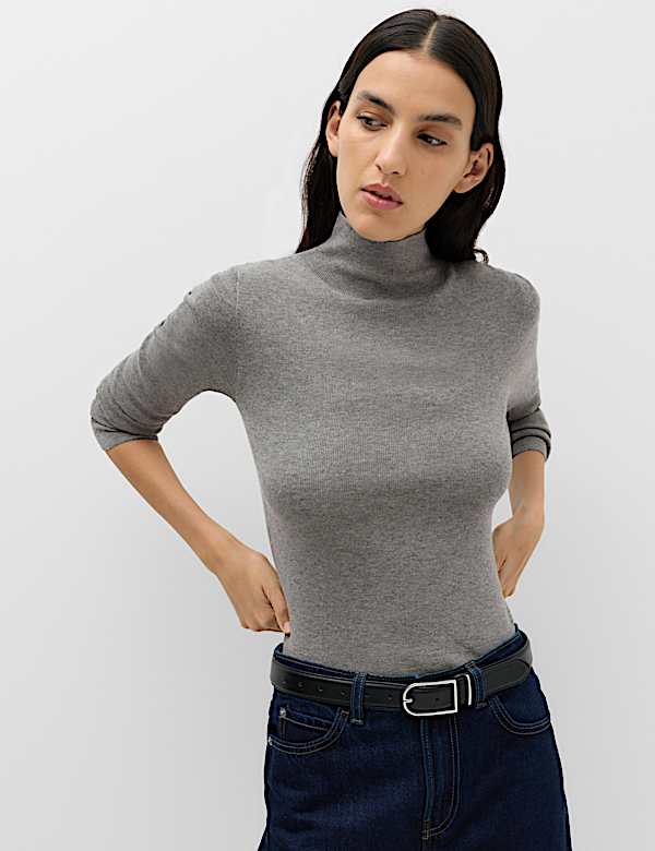 Funnel Neck Fitted Knitted Top With Wool - MV