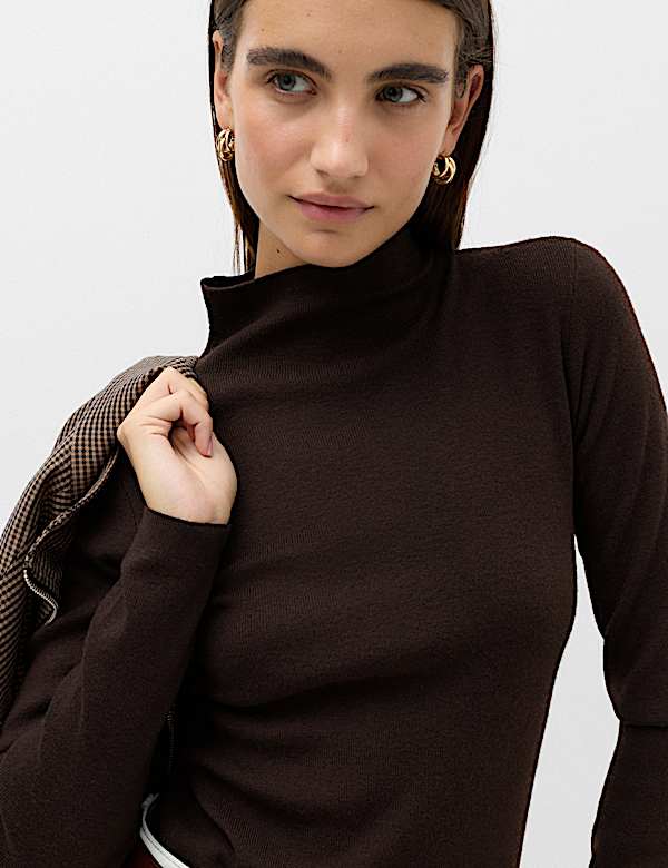 Funnel Neck Fitted Knitted Top With Wool - GR