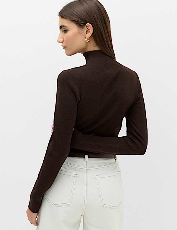 Funnel Neck Fitted Knitted Top With Wool - GR