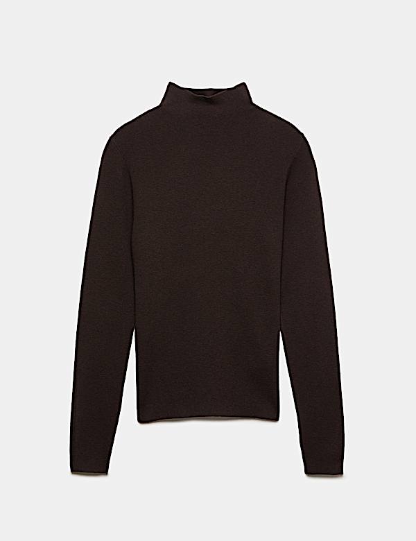Funnel Neck Fitted Knitted Top With Wool - GR