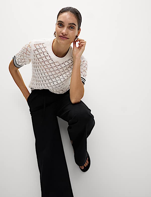Pointelle Crew Neck Tipped Detail Knitted Top - AT