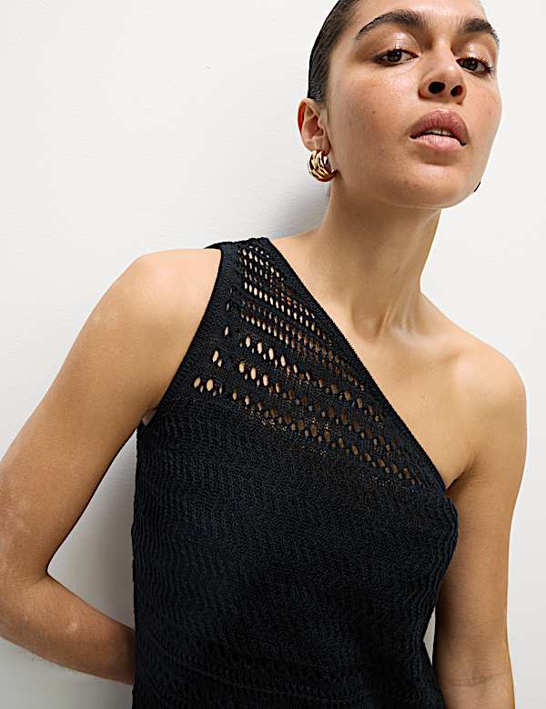 Gaun Pantai Midi Satu Bahu Bahan Katun Bertekstur - ID