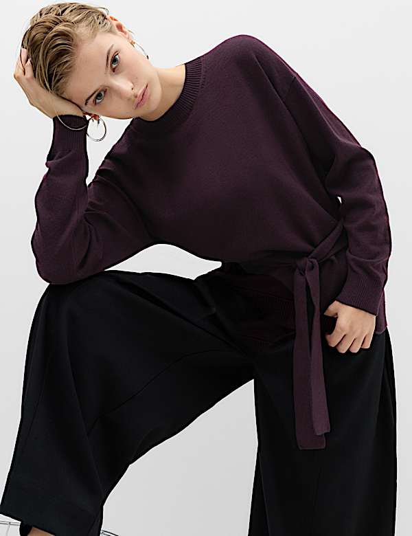 Tie Front Crew Neck Relaxed Jumper