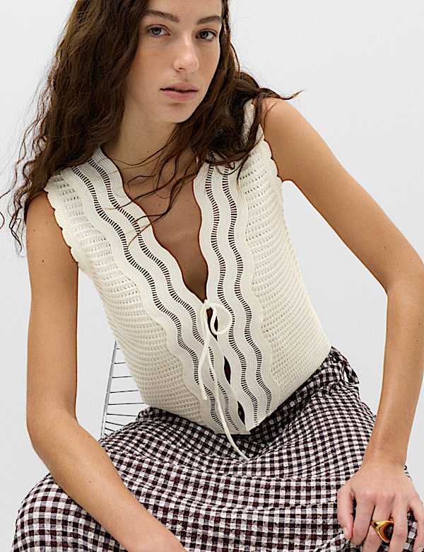 Cotton Rich Lace Detail Knitted Waistcoat - DK