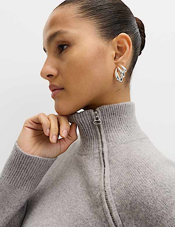 Zip Funnel Neck Relaxed Longline Jumper | MID GREY MARL | Jumpers