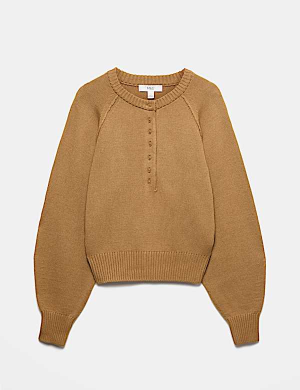 Crew Neck Button Detail Jumper with Wool - BG