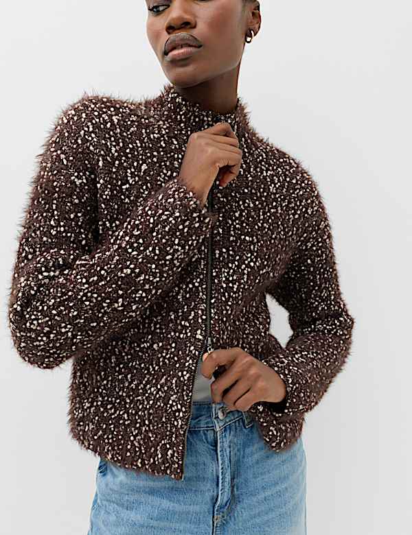 Cotton Blend Boucle Funnel Neck Knitted Jacket - CA