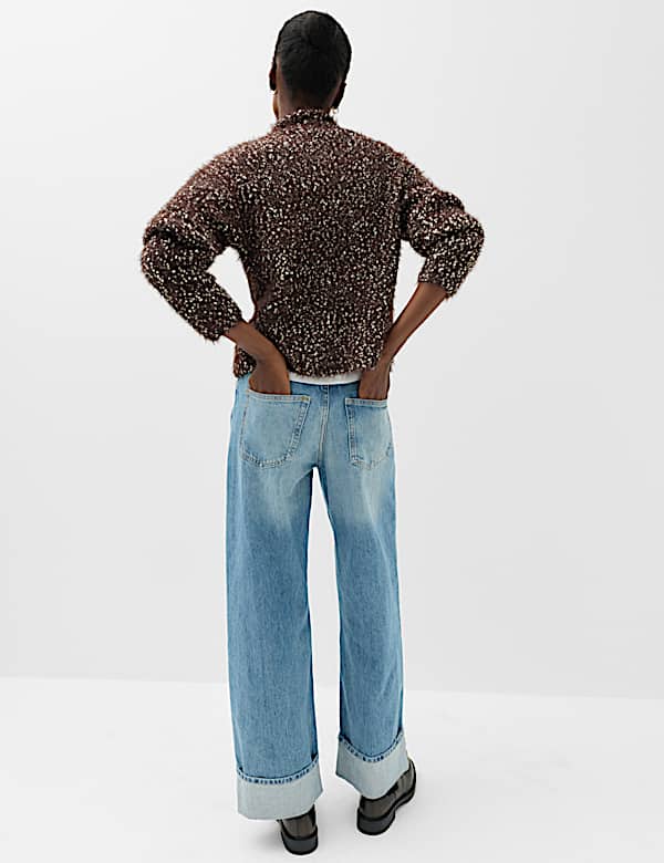 Cotton Blend Boucle Funnel Neck Knitted Jacket - CA
