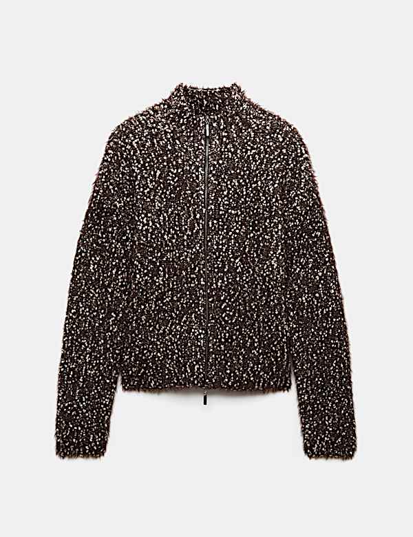 Cotton Blend Boucle Funnel Neck Knitted Jacket - CA