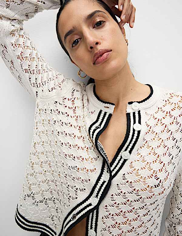 Pointelle Crew Neck Tipped Detail Button Front Cardigan - DK