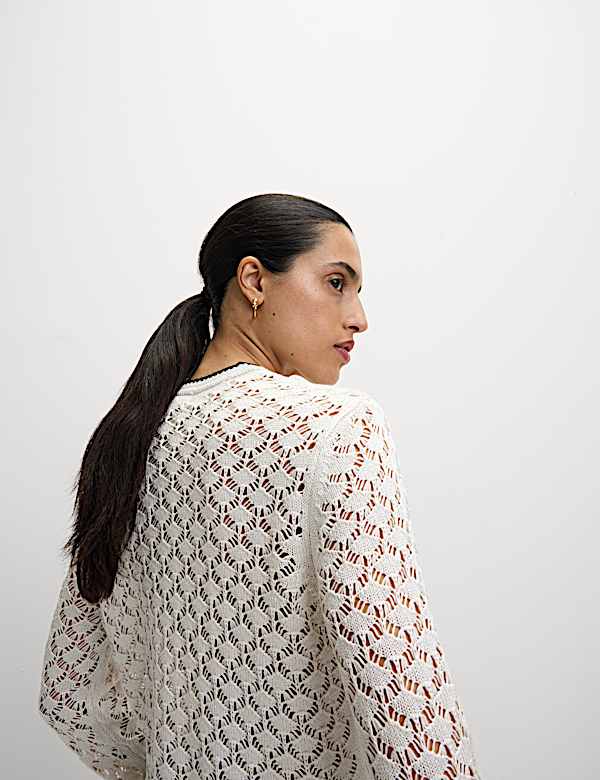 Pointelle Crew Neck Tipped Detail Button Front Cardigan - DK