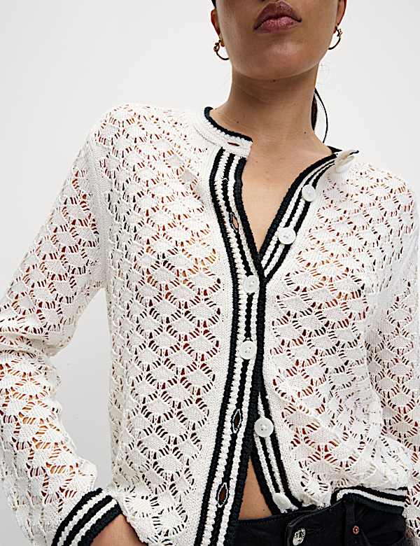 Pointelle Crew Neck Tipped Detail Button Front Cardigan - DK