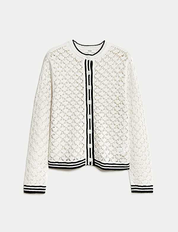 Pointelle Crew Neck Tipped Detail Button Front Cardigan - DK