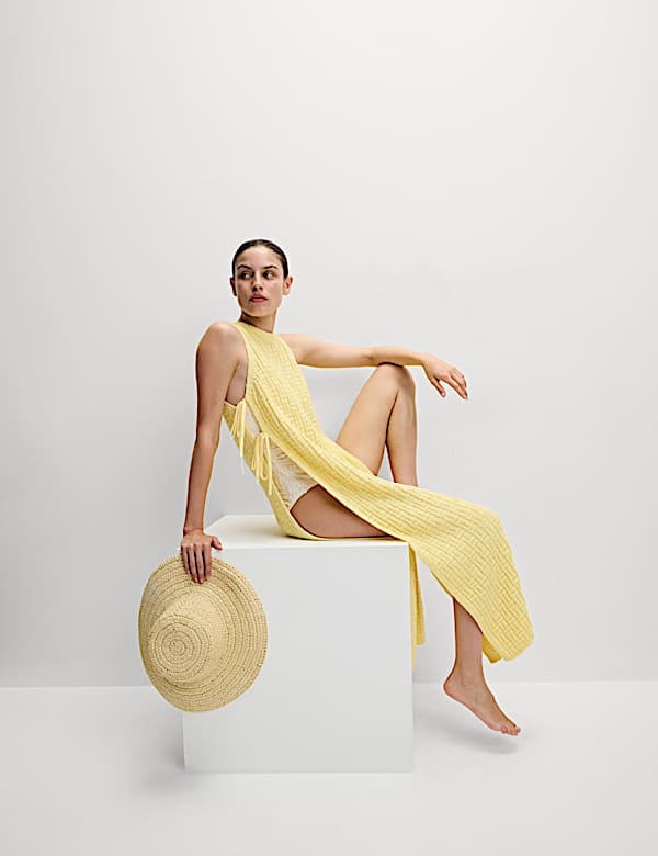 Cotton Rich Knitted Tie Detail Midi Beach Dress - PL
