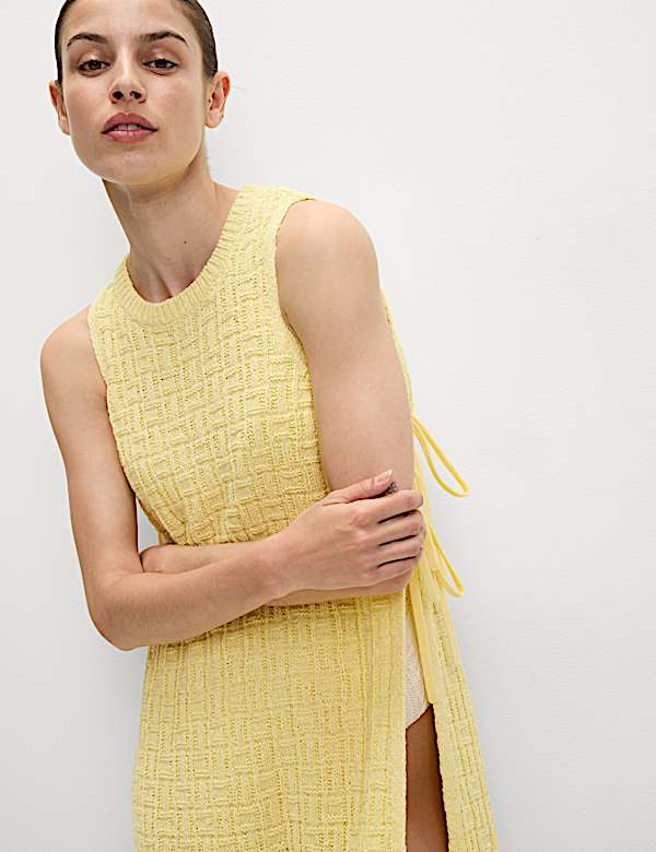 Cotton Rich Knitted Tie Detail Midi Beach Dress - PL