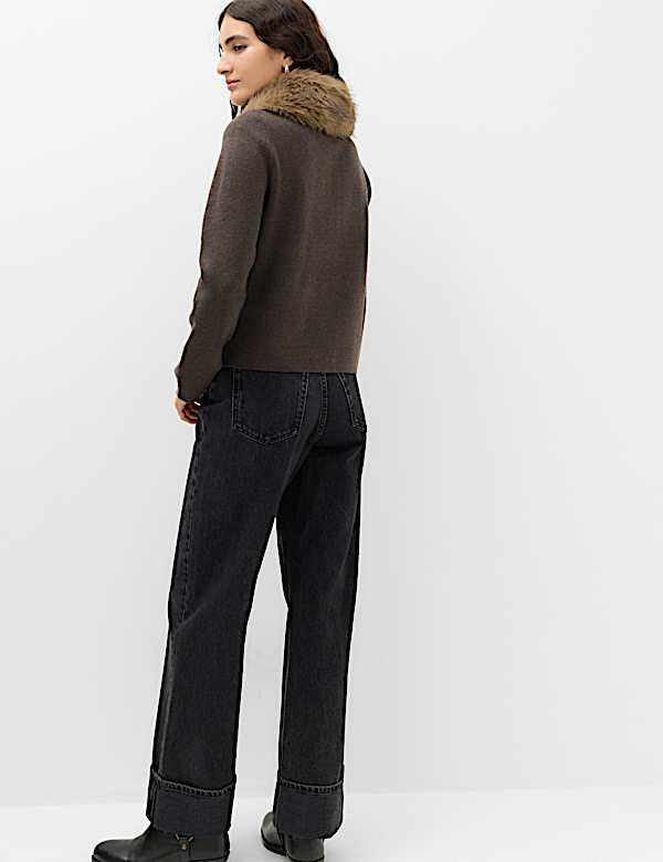 Air-Yarn Collared Faux Fur Trim Knitted Jacket - NZ