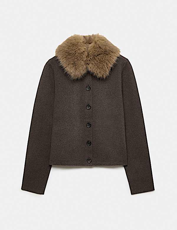 Air-Yarn Collared Faux Fur Trim Knitted Jacket - NZ
