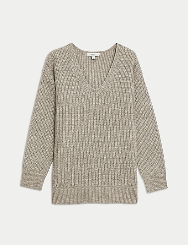 Cloud-Yarn Ribbed V-Neck Split Hem Jumper - BG