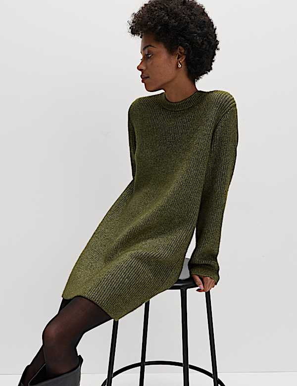 Cloud-Yarn Ribbed Relaxed Mini Knitted Dress - AT