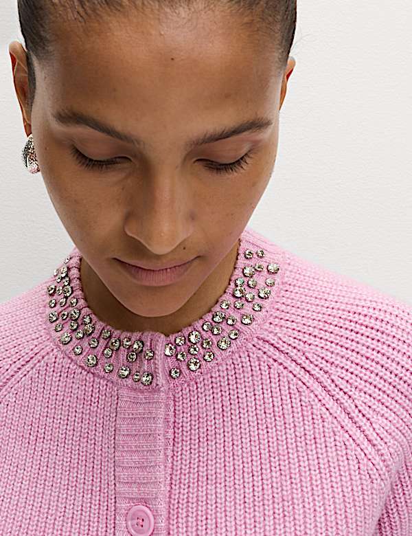 Textured Embellished Button Front Cardigan - US